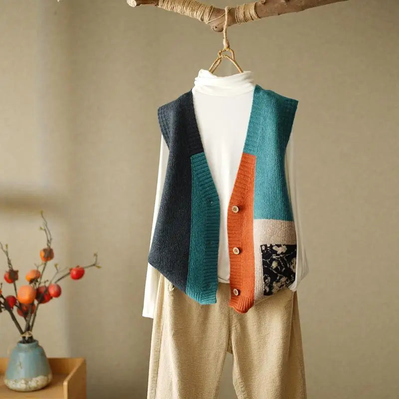 Retro Knitted Vest Cardigan Autumn/Winter Loose Design Sense Small Sweater Tank Top Women Outwear Sweater Vest Female Blue One Size