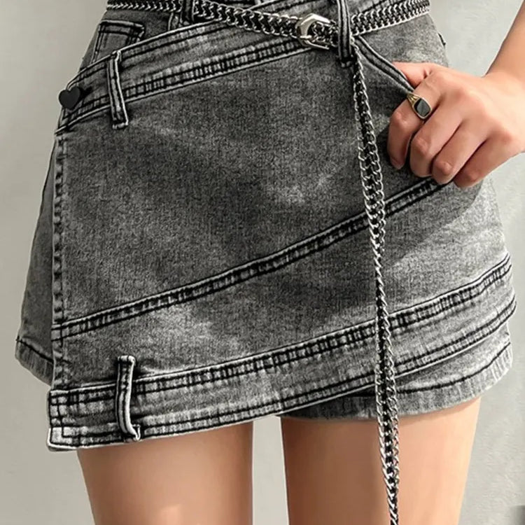 Fashion Women's Denim Skirt New High Waist Irregular Chain Spliced Gray Above Knee Skirts Female Tide Summer