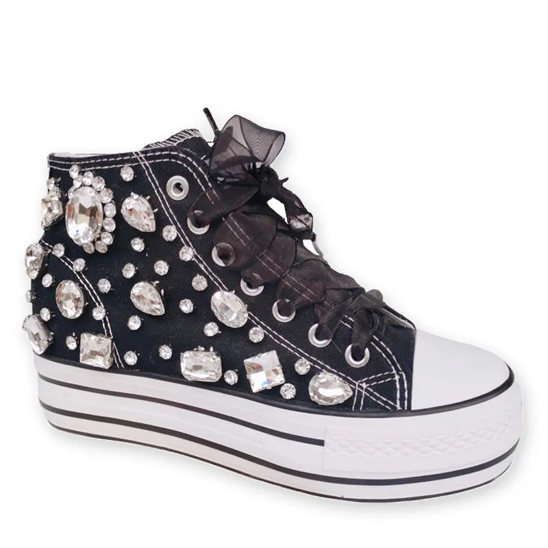 Crystal Hand-made Diamond Thick Bottom Inner High Top Women's Canvas Shoes Designer Sneaker Women Flats Black(Flat heel 2cm)