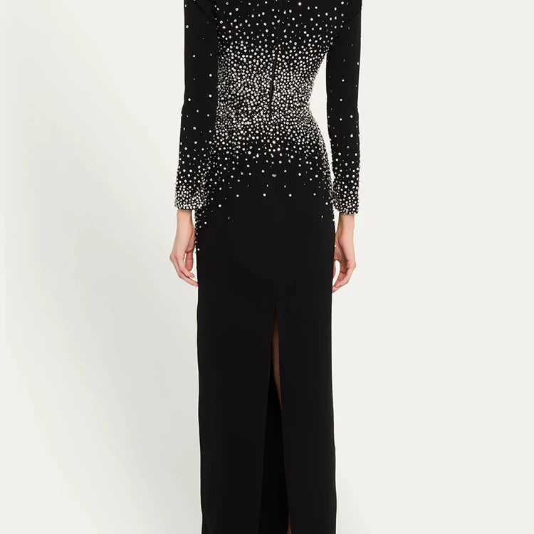 VC Black Long Sleeves Pearls Embellished Long Dress For Women V Neck Beaded Celebrity Party Evening Gowns Vestidos