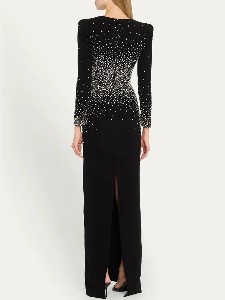 VC Black Long Sleeves Pearls Embellished Long Dress For Women V Neck Beaded Celebrity Party Evening Gowns Vestidos