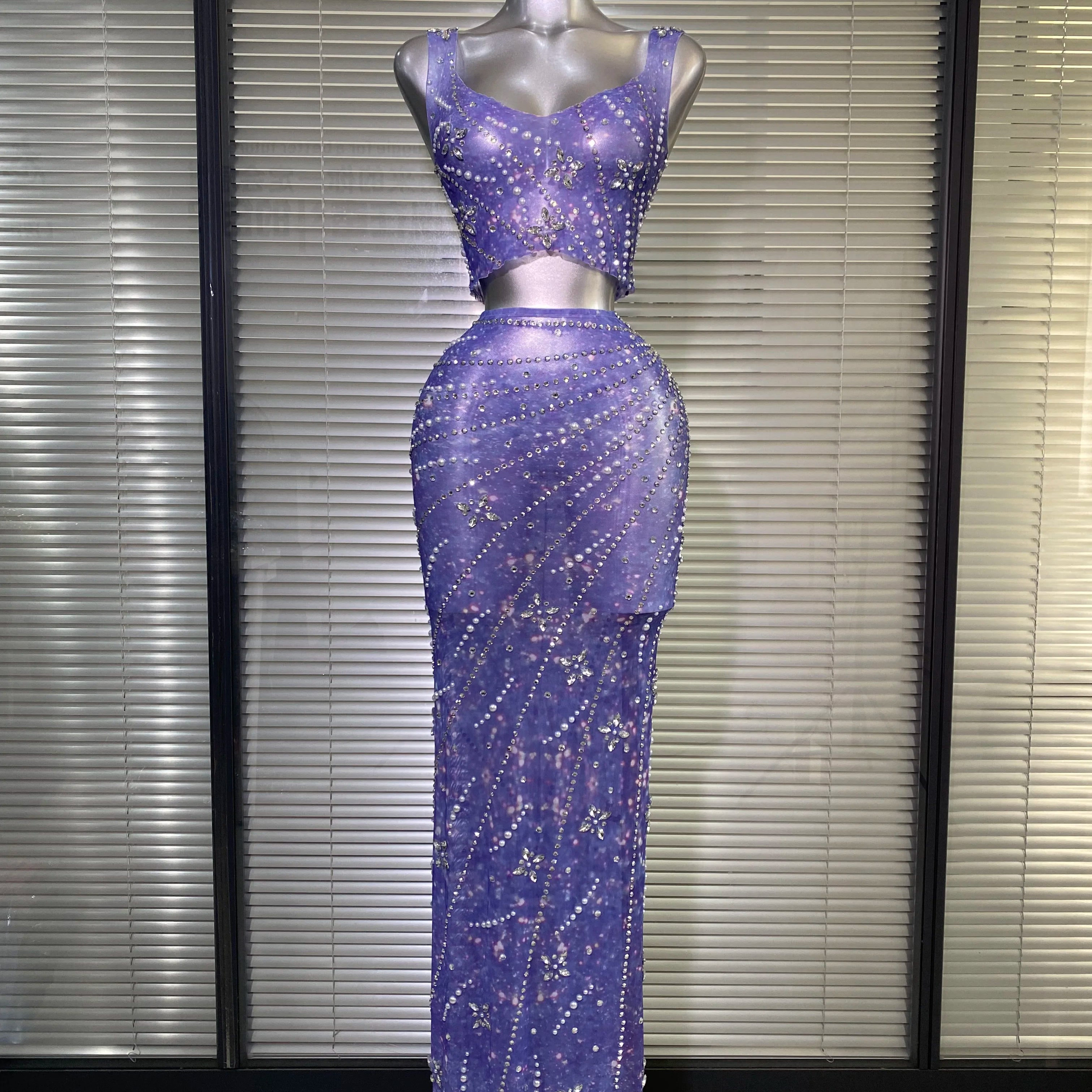 New Sexy Pink Two Pieces Set Women Celebrity Crystal Night Club Skirt Suits Singer Dancer Stretched Printed Stage Costume