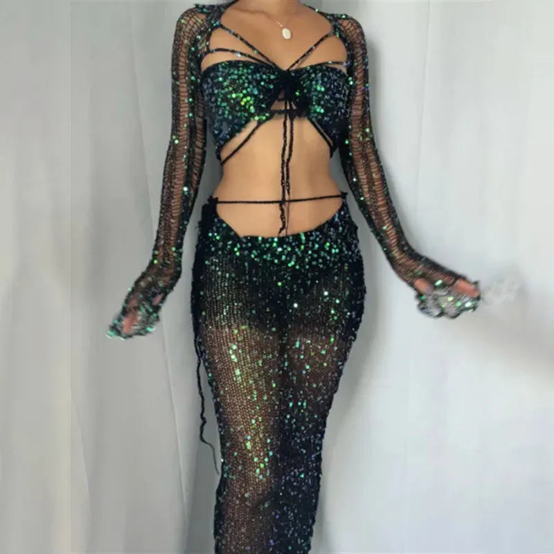 Sequins Knitted Hollow Out Two Piece Set Women Long Sleeve Cropped Top Midi Bodycon Skirt Summer Chic Beach Female Outfits Black