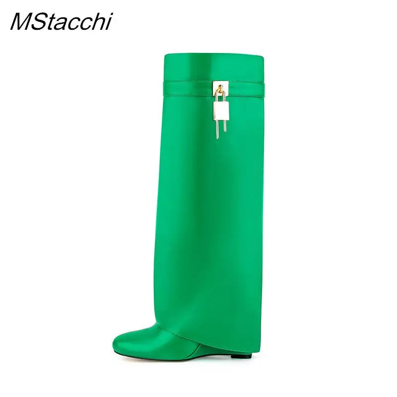 Lock Metal Buckle Women Knee High Boots Wedges Shoes For Woman Punk Style Round Toe Zipper Cowboy Boots Trend 2025 Female Shoes