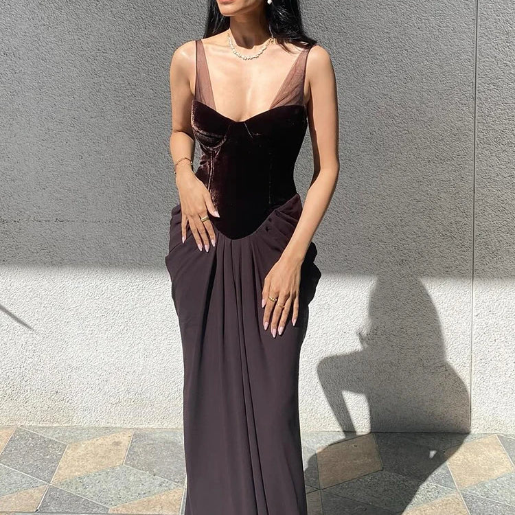 VC Chic Sleeveless Maxi Dress with Velvet Bodice and Chiffon Drape for Upscale Receptions Evening Gown