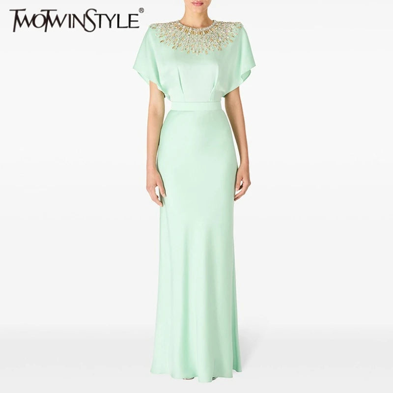 TWOTWINSTYLE Solid Slimming Spliced Bead Luxurious Dresses for Women Round Neck Short Sleeves Tunic Elegant Dress Female Fashion