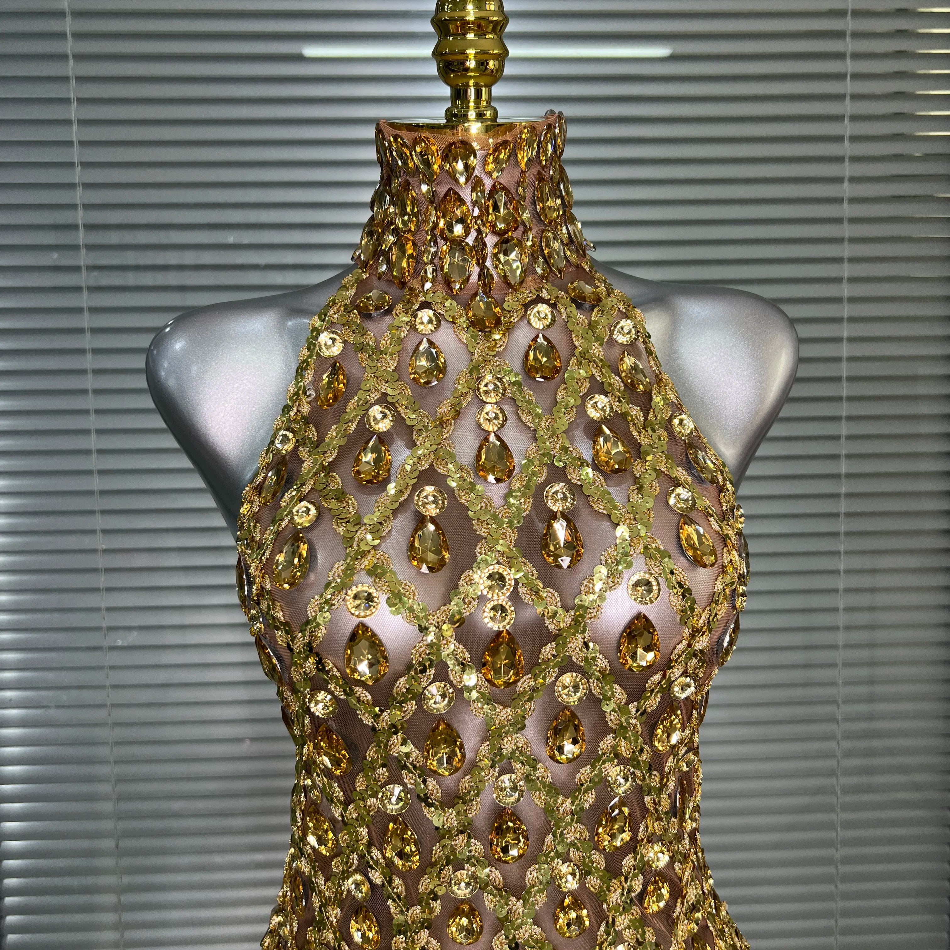 Women Sexy See Through Mesh Gold Costume Stage Dancer Singer Night Club Celebrity Mini Party Dress