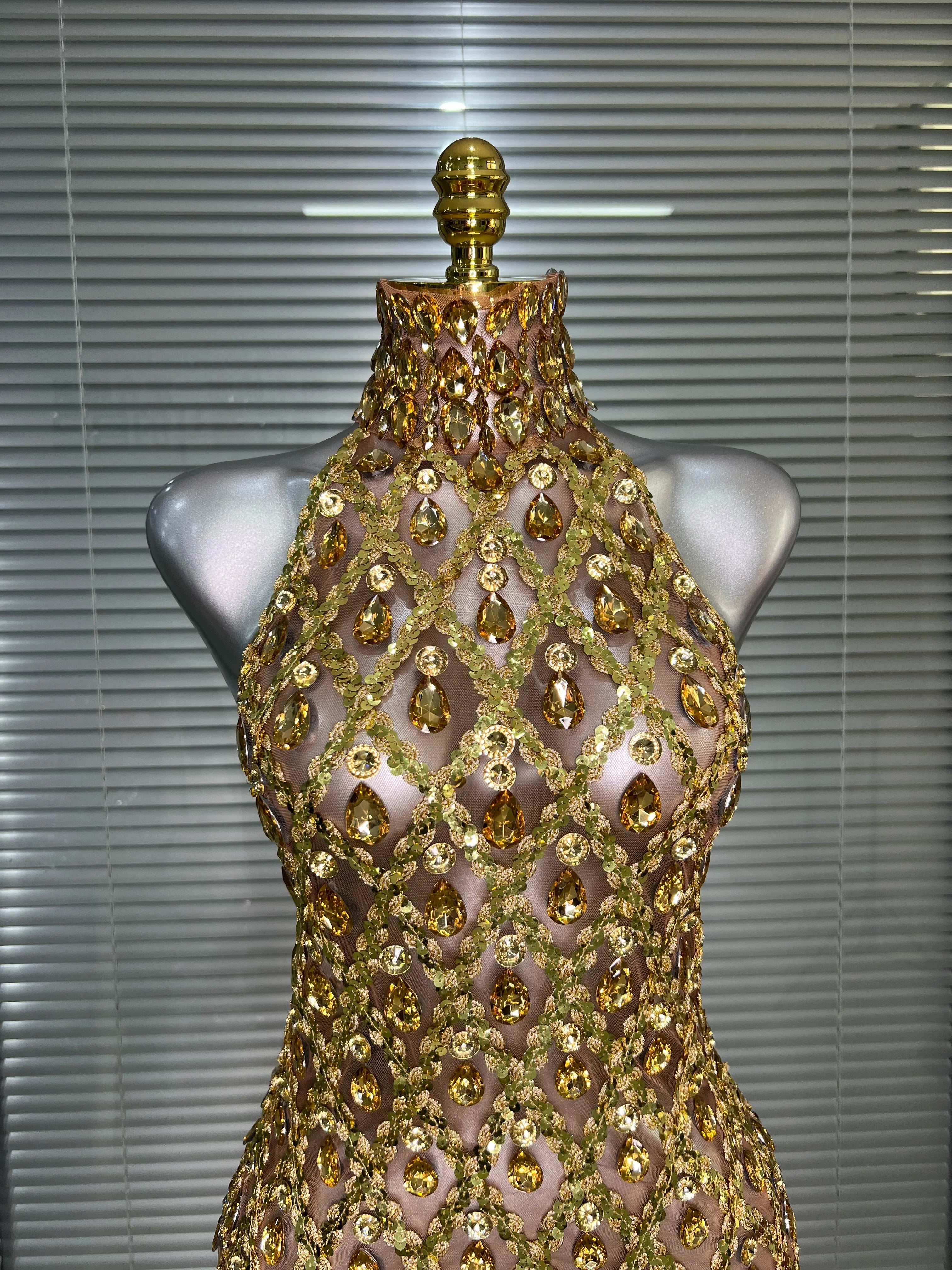 Women Sexy See Through Mesh Gold Costume Stage Dancer Singer Night Club Celebrity Mini Party Dress