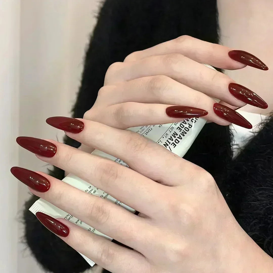 24 peças unhas postiças com cola amêndoa preto vermelho gradiente design destacável strass acrílico unha postiça longa stiletto unhas de pressão