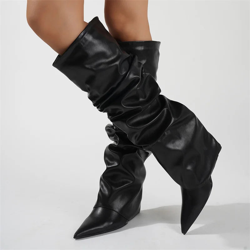 Pleated Black Leather Women's Knee High Boots Sexy Slip On Wedges Shoes Party Ladies Pointed Toe Women High Knee Botas Femininas