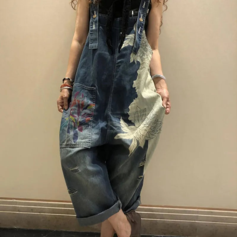 Korean Females Fashion Overalls Ladies Spring Printed Denim Harem Pants Vintage Casual Jeans Womens Loose Vintage Trousers Blue One Size