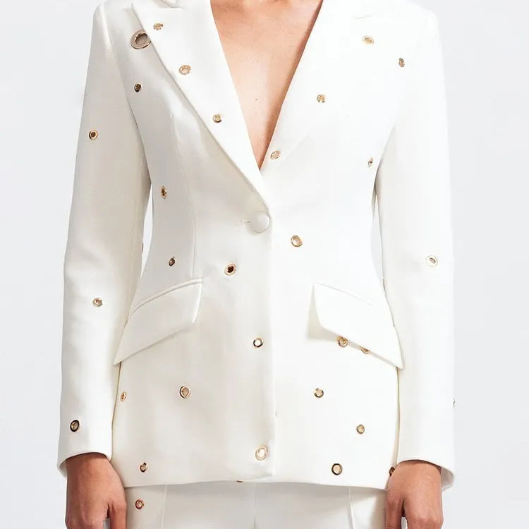 TWOTWINSTYLE Casual Hollow Out Two Piece Sets For Women Notched Collar Long Sleeve Blazer High Waist Pant Loose Set Female Style