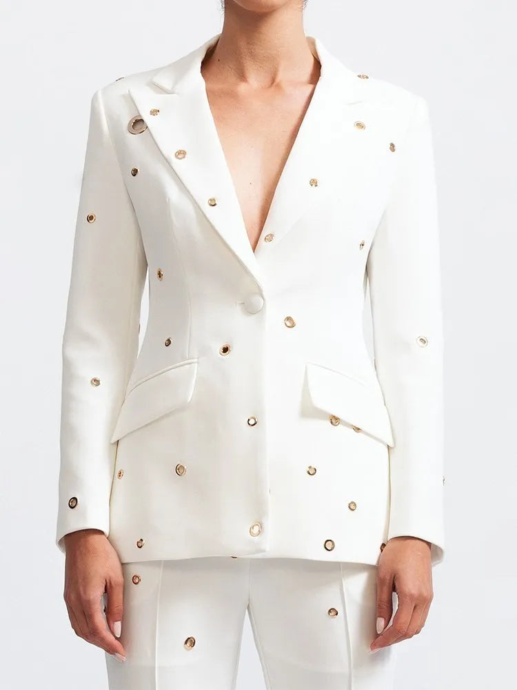 TWOTWINSTYLE Casual Hollow Out Two Piece Sets For Women Notched Collar Long Sleeve Blazer High Waist Pant Loose Set Female Style