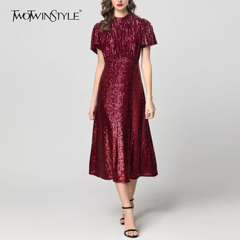 TWOTWINSTYLE Solid Spliced Sequins Fashion Dresses for Women Round Neck Short Sleeves Patchwork Folds Elegant Dress Female New