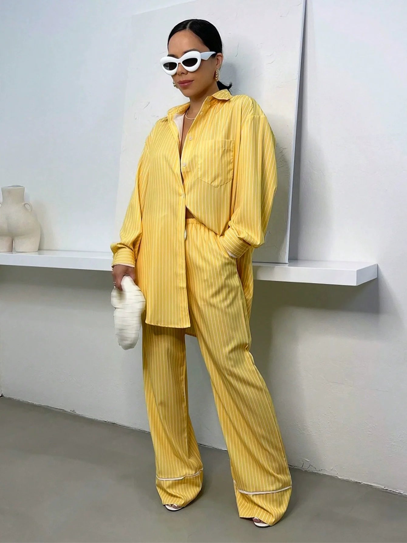 CM.YAYA Fashion Striped Women's Set Long Sleeve Blouse Shirt Top and Wide Leg Pants 2025 Chic Two 2 Piece Sets Outfits Tracksuit