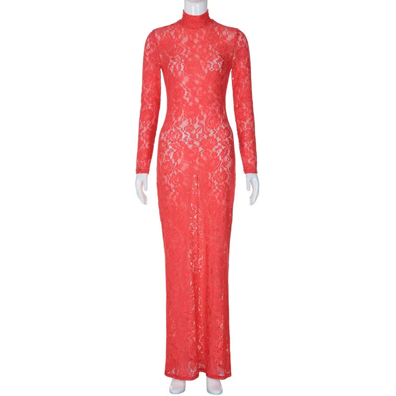 Women Sexy Lace See Through Bodycon Red Long Dress Summer Spring Party Nightclub Lady Maxi Dresses Fashion Clothes 2024 New Red