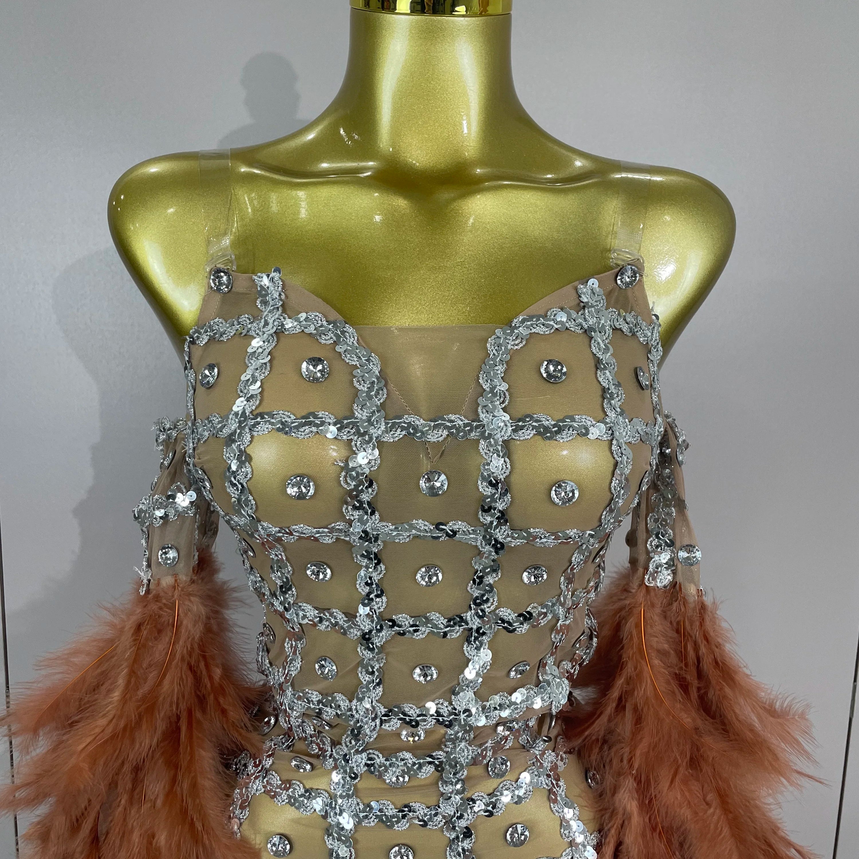 Luxury Sparkling Diamond Feather Mesh Tight Sexy Mesh Long Dress 2025 Women Birthday Party Nightclub Stage Performance Costume