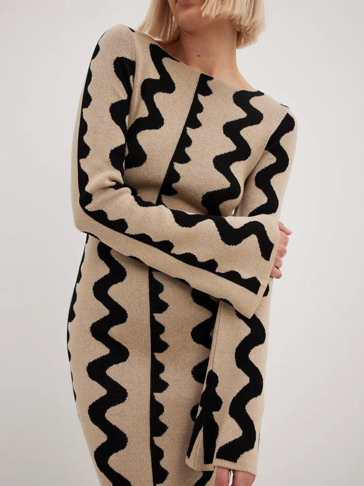 Striped Knitted O-neck Long Sleeve Midi Dresses Elegant Women Bodycon A-line Vestidos Female Fashion Casual Street Maxi Clothes