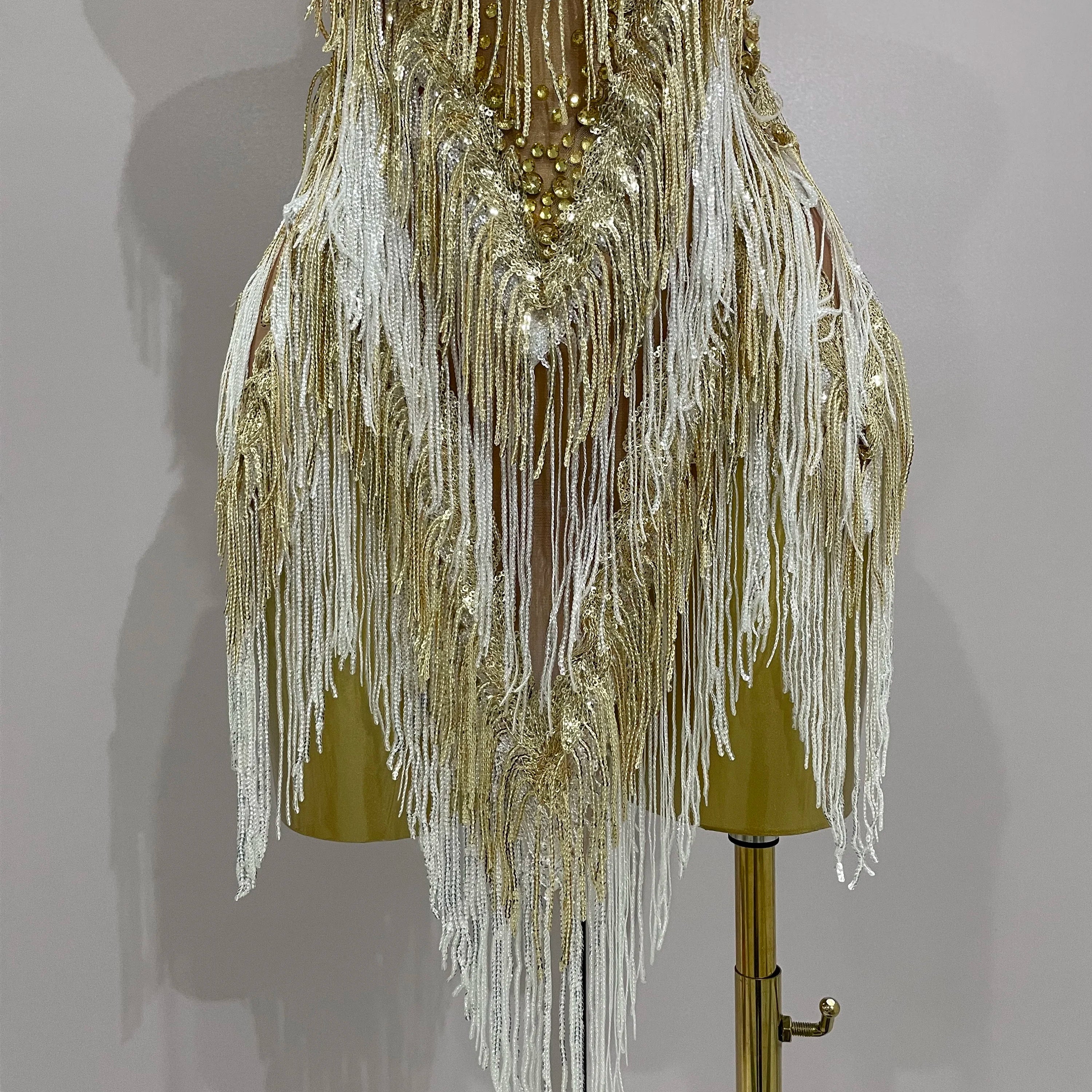 Stock 2025 Women Sexy Stretch Mesh Sparkly Rhinestone Tassels Mini Dress Nightclub Singer Dance Stage Costume Evening Gowns