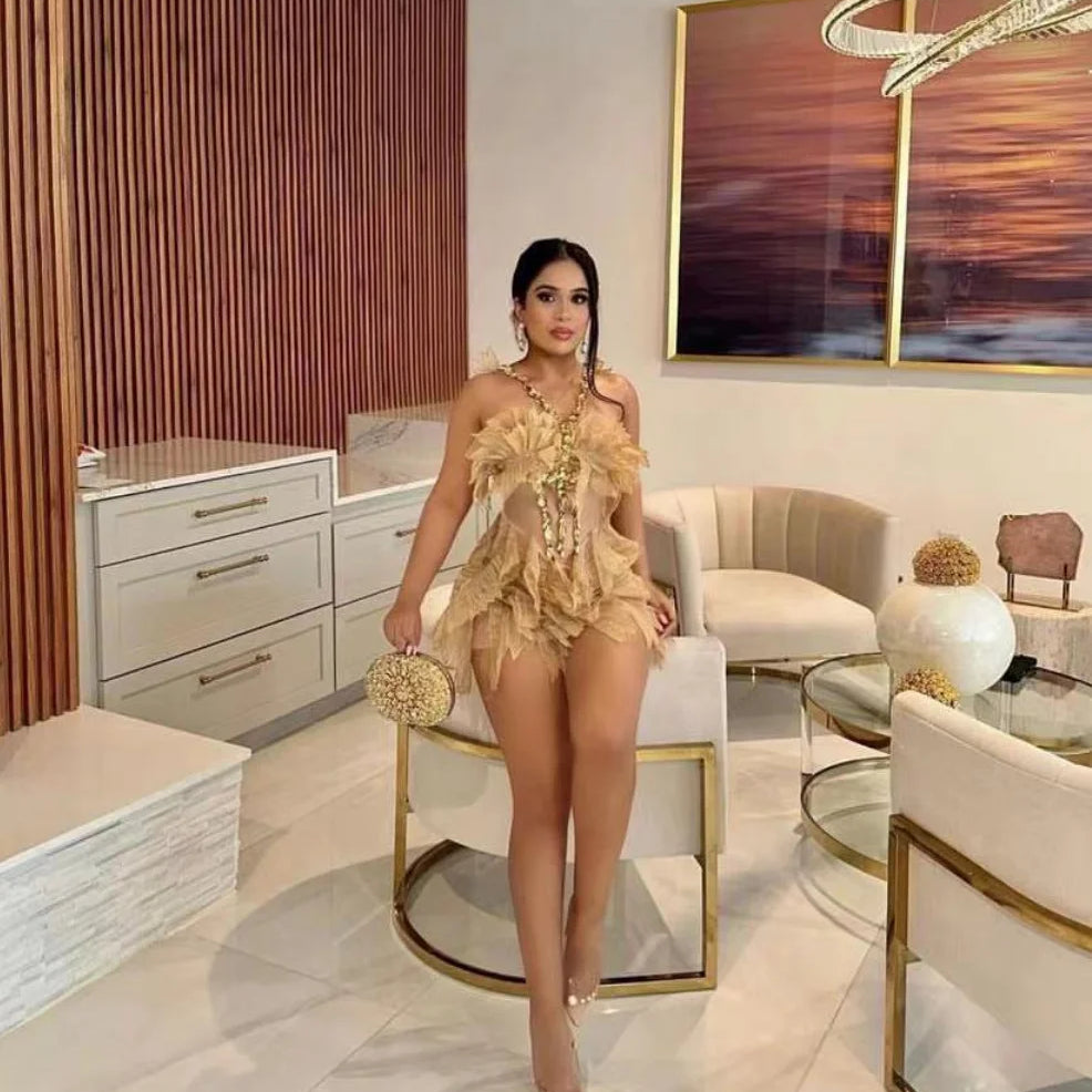 Gold Color Women Sexy Halter Crystal  Bodycon Mini Dress Celebrate Birthday Party Girls' Nightclub Bar SInger Dress