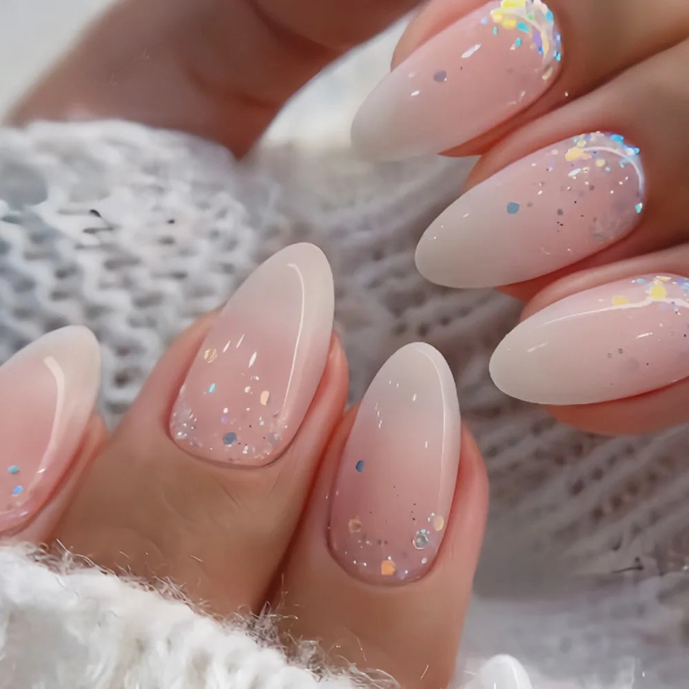 24Pcs Gradient Oval Fake Nails French Short Almond Glitter Nail Tips Art Pink Lovely Wearable Fashion Simple Nails Set Press On