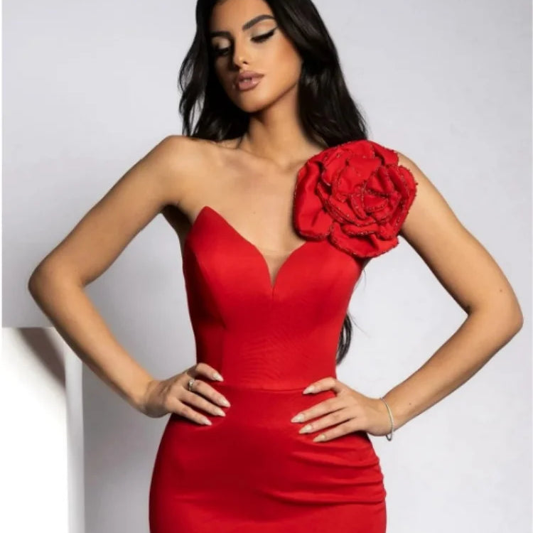 Summer Women Sexy Rhinestones Florals One Shoulder Sexy Bodycon Long Dress Birthday Fashion Cocktail Party Dress