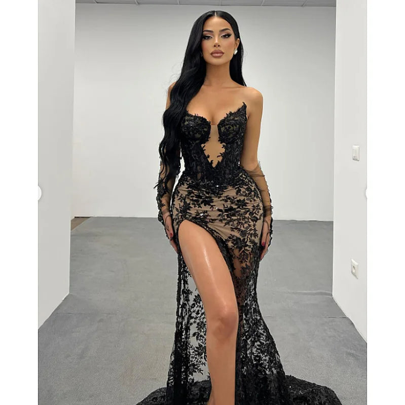 Fashion Gloves Sexy Mesh See Through Black Lace Strapless Midi Calf Dress Birthday Party Evening Dress Celebrity Party Dress