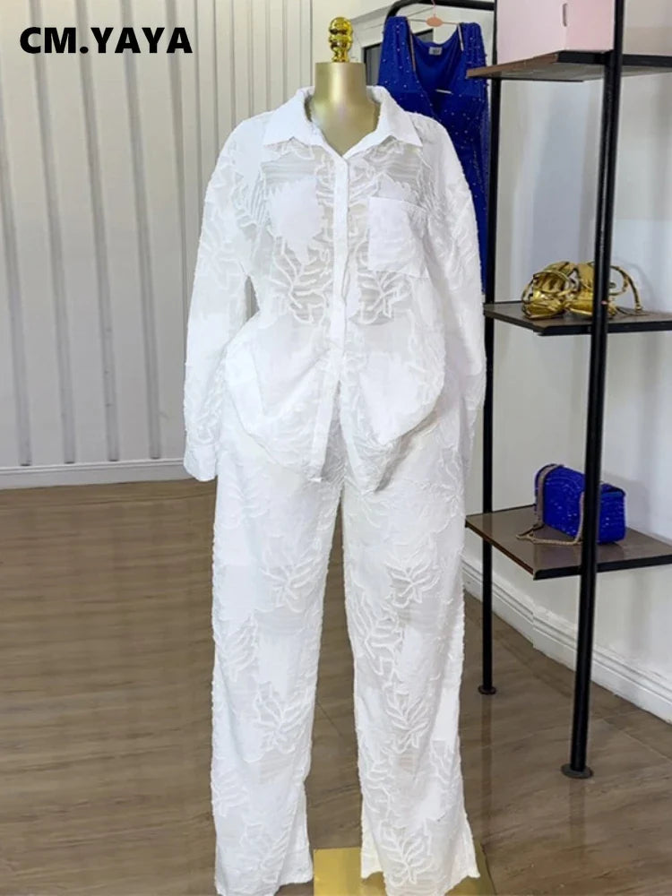CM.YAYA Fashion Women's Set Perspective Long Sleeve Shirt and Straight Wide Leg Pants 2025 OL Two 2 Piece Set Outfit Tracksuit