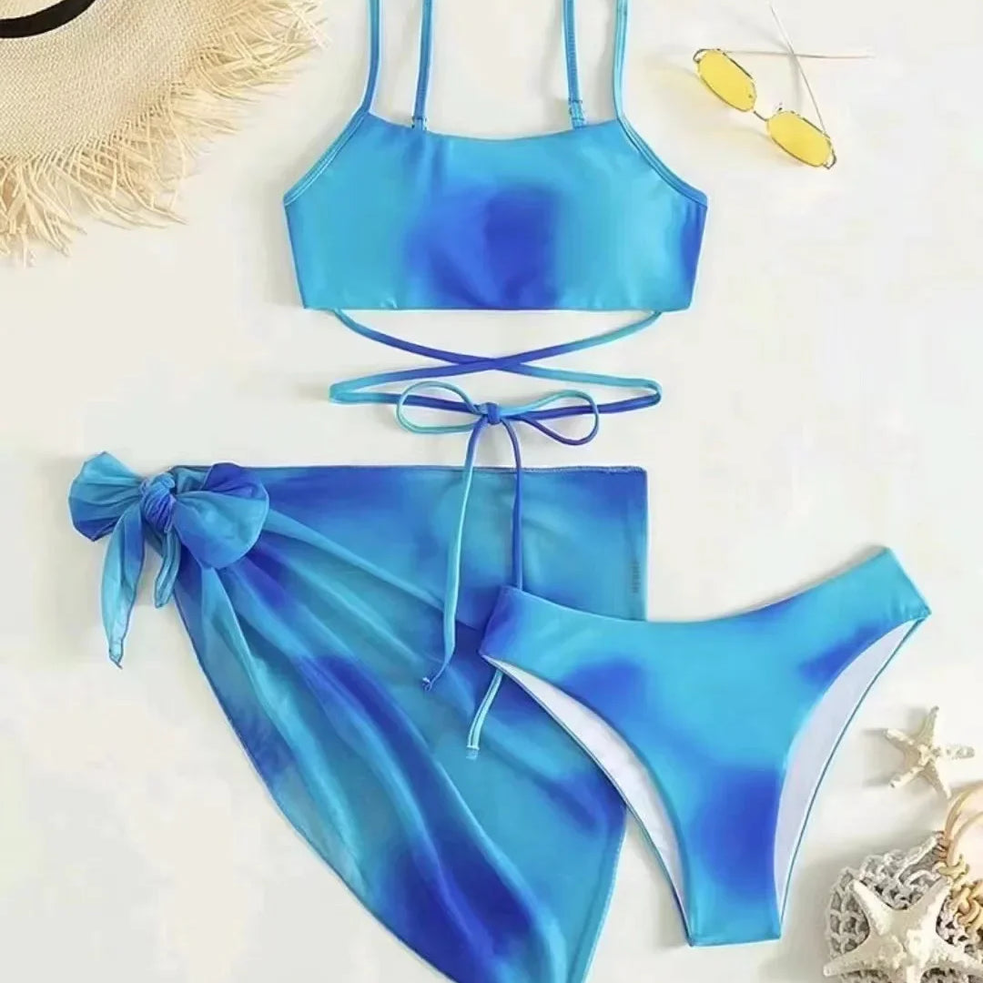 Sexy Womens 3 Pieces Bikini Set Tie Dye Swimsuit Beachwear Summer Fashion Push Up Comfortable Mesh Skirt Suit for Ladies Navy blue
