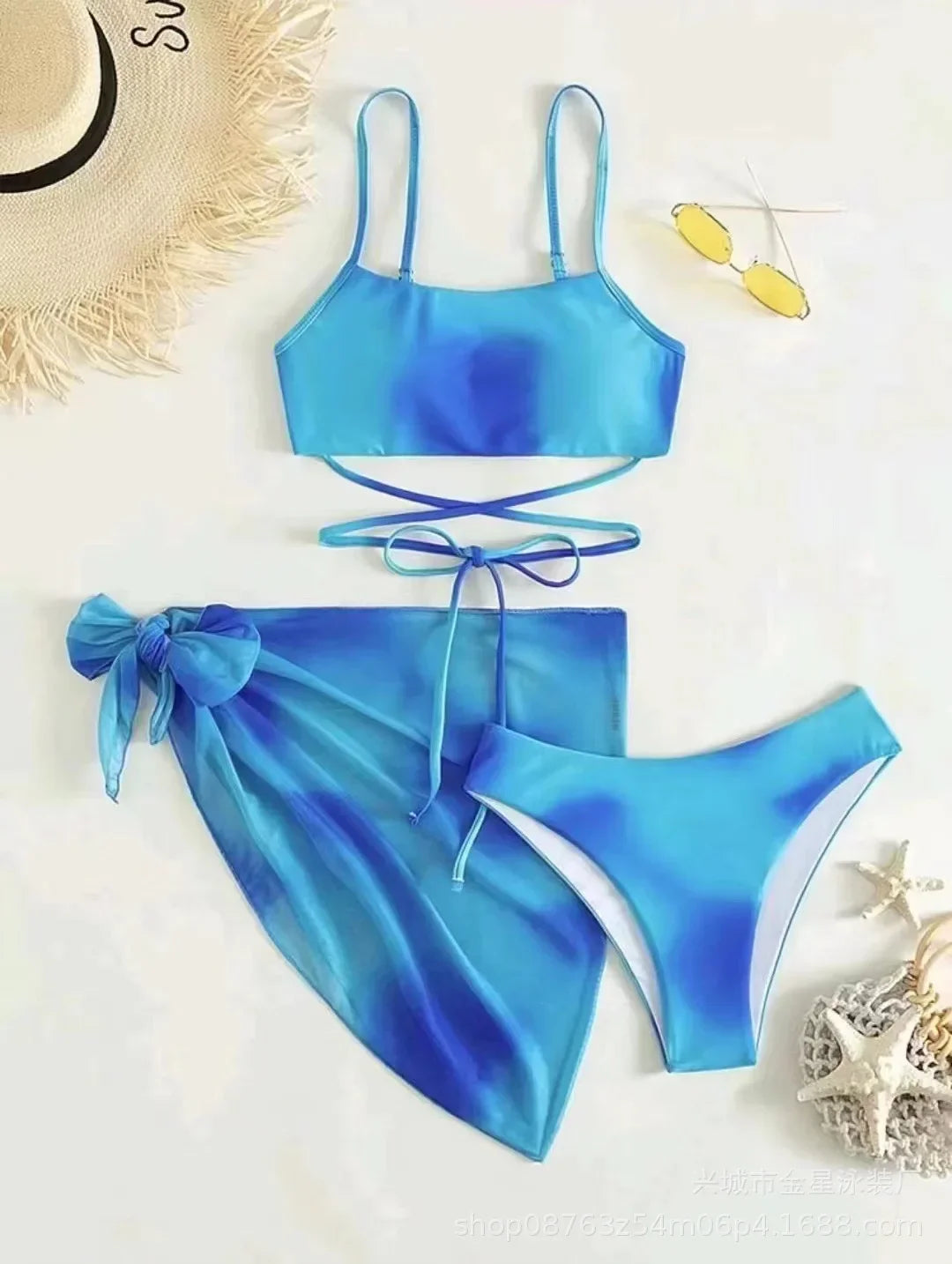 Sexy Womens 3 Pieces Bikini Set Tie Dye Swimsuit Beachwear Summer Fashion Push Up Comfortable Mesh Skirt Suit for Ladies Navy blue