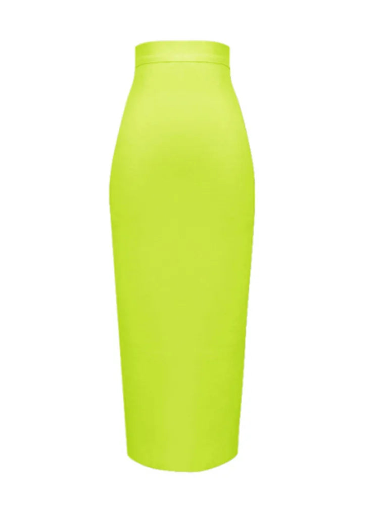 Women Candy Color Sexy Neon Green Pink Orange Yellow Pink Midi Knee Length Bandage Skirt Designer Pencil Skirt Faldas 78cm