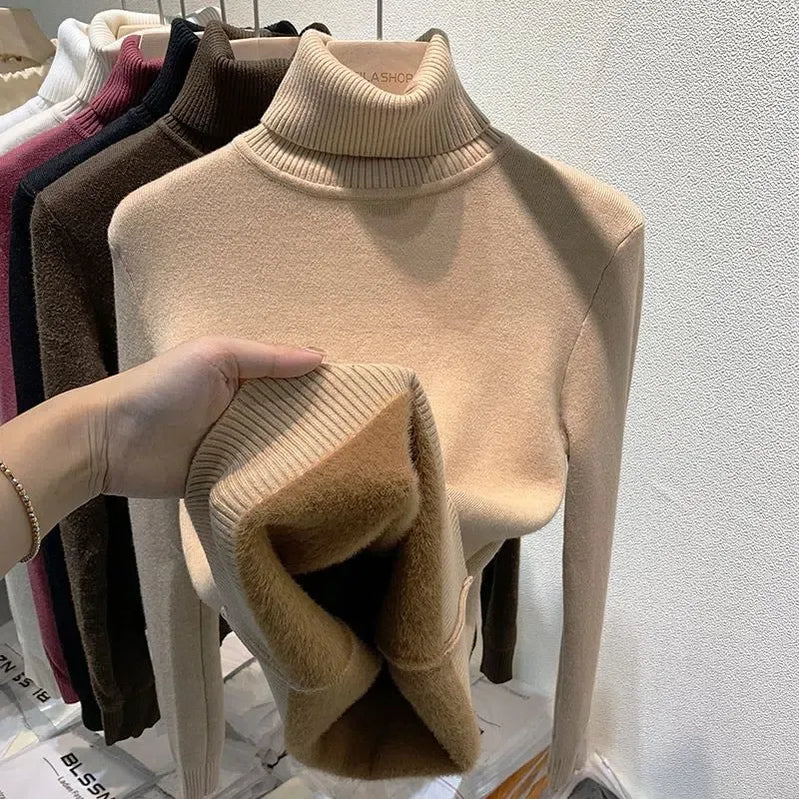 Thicken Velvet Turtleneck Sweater Women Korean Fashion Lined Warm Sueter Knitted Pullover Slim Top Winter Jersey Knitwear Jumper Oatmeal