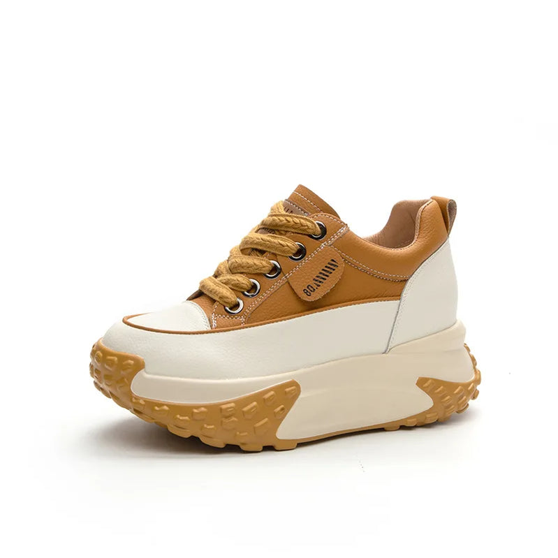 7cm Genuine Leather 2023 Platform Wedge Comfy Breathable Fashion Lace Women Chunky Sneakers Summer Hollow Leisure Female Shoes Yellow