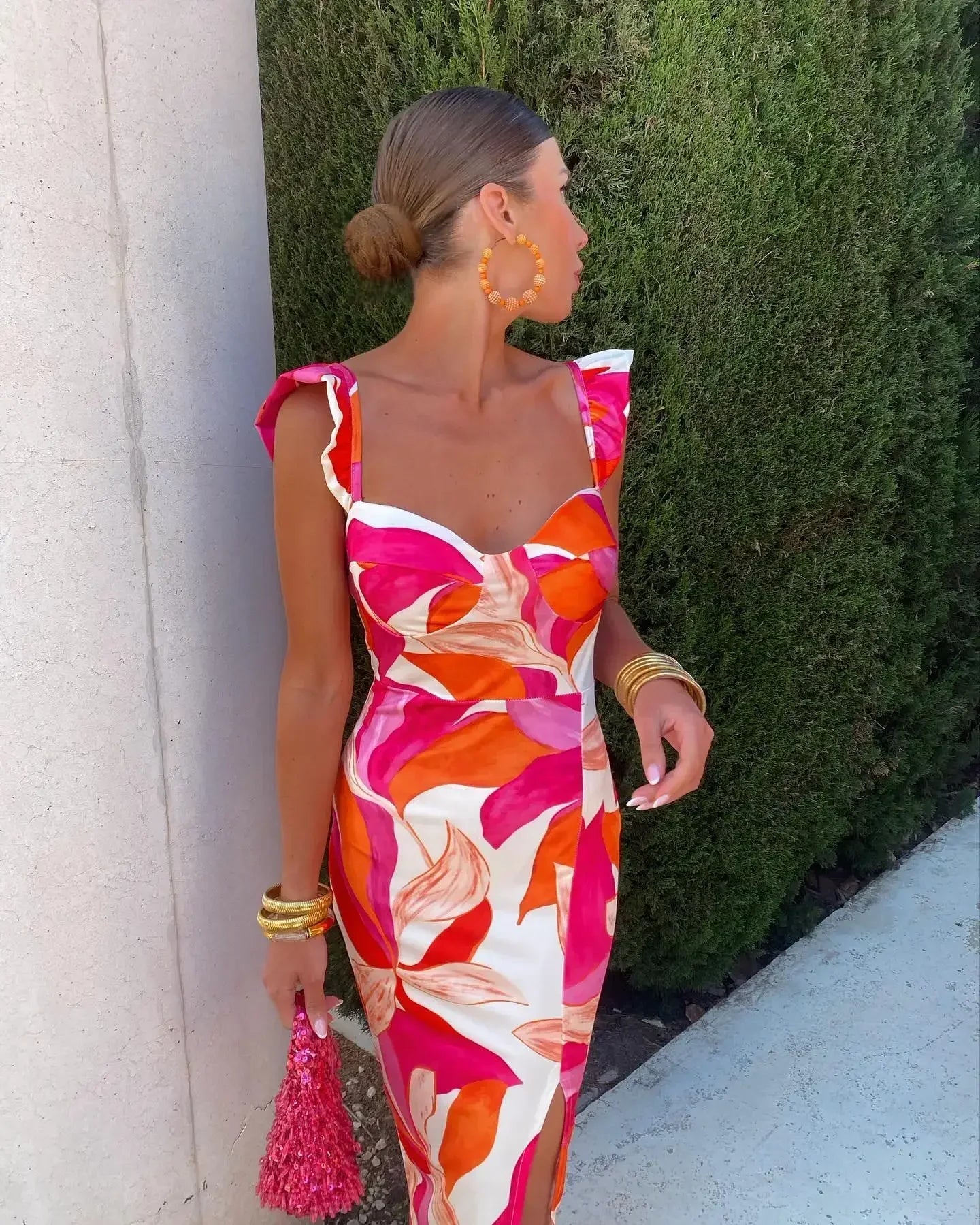 Fashion Print Fly Sleeve Midi Dress For Women Elegant Square Neck Sheath Split Dresses Female Vintage High Street Vestidos Beige