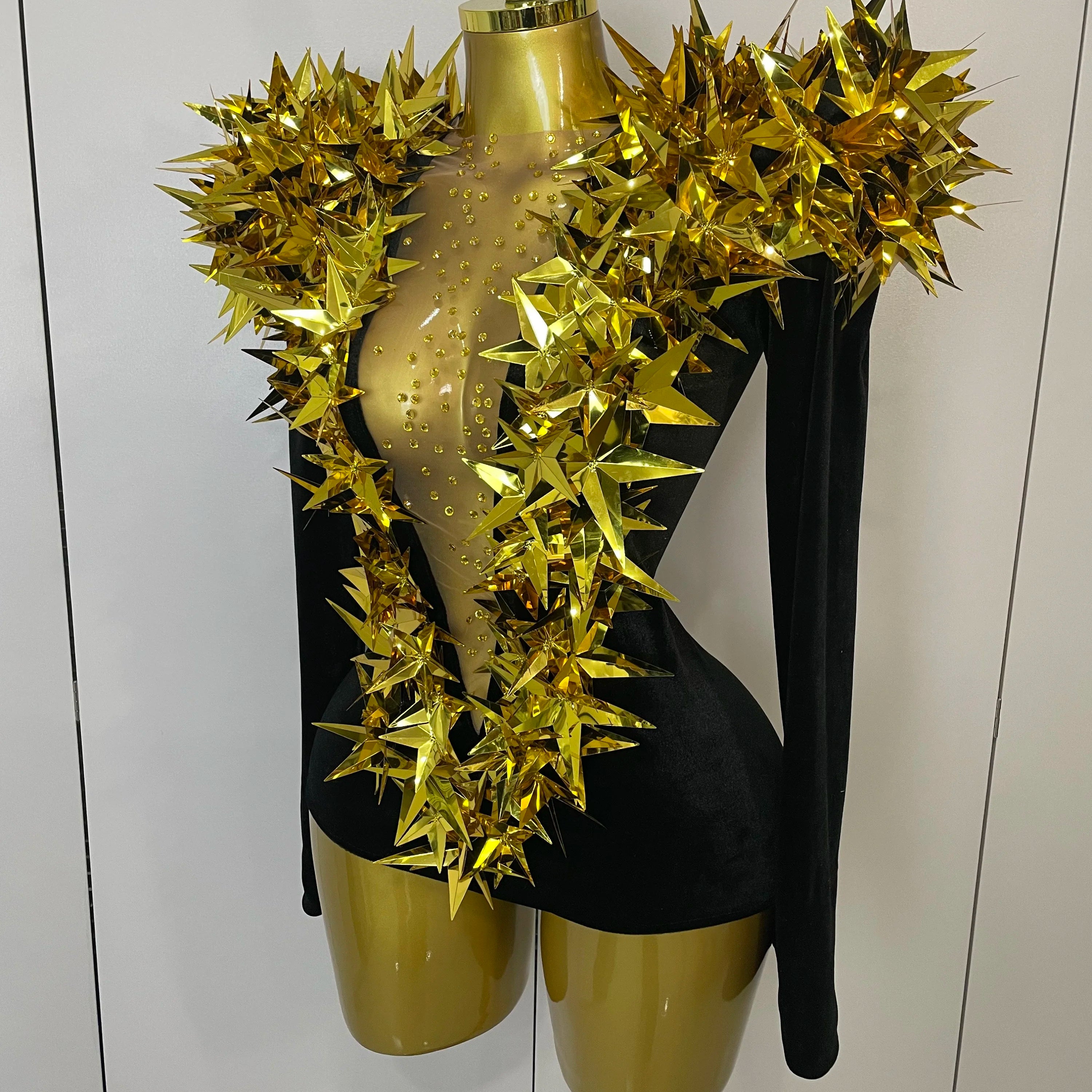 Shiny Gold Rhinestone Black Velvet Long Sleeve Bodysuit 2025 Women Evening Party Club Gala Hosts NightClub Bar Stage Costumes