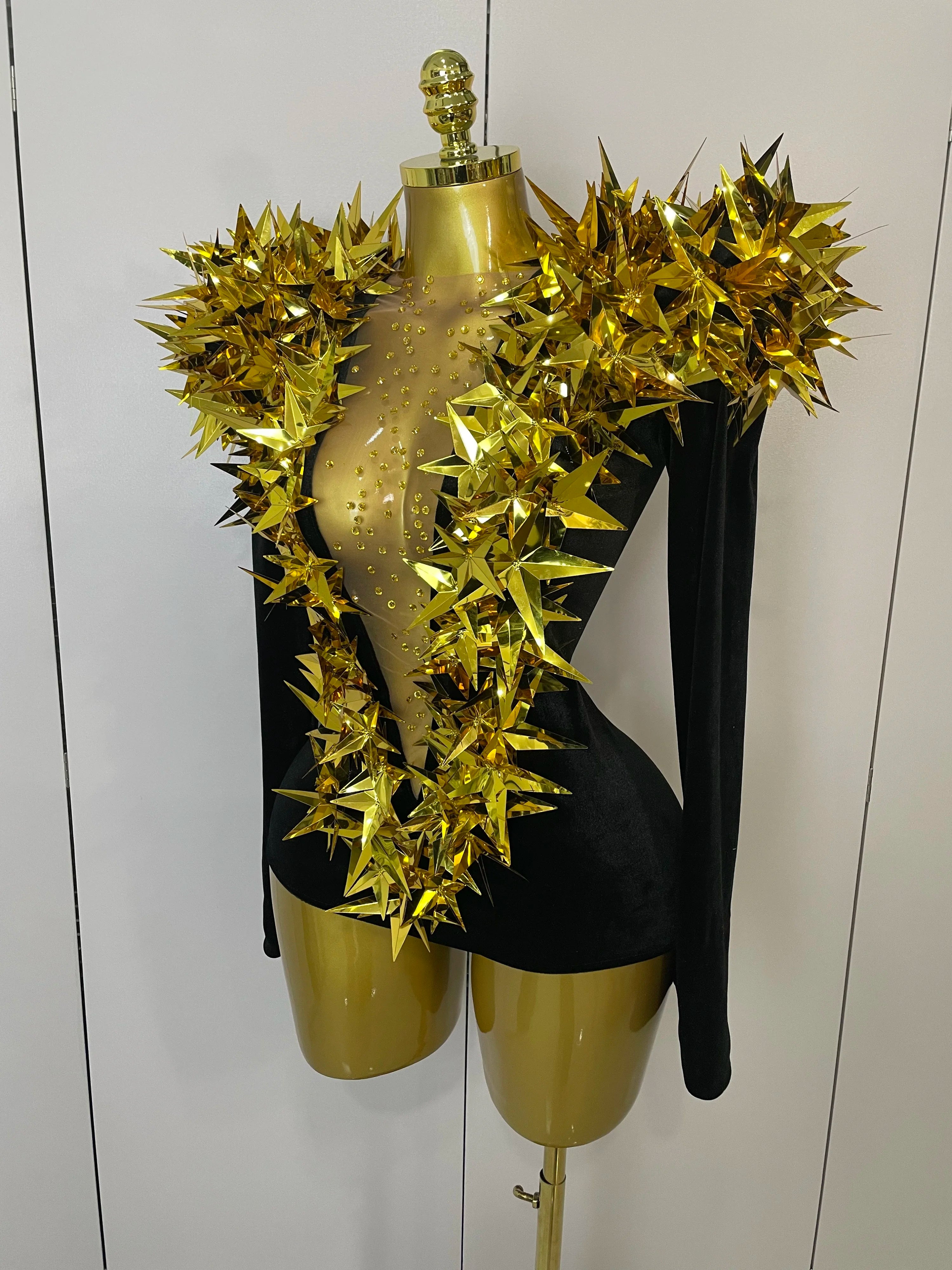 Body de manga comprida de veludo preto com strass dourado brilhante 2025, feminino, festa noturna, clube, gala, anfitriões, boate, bar, palco