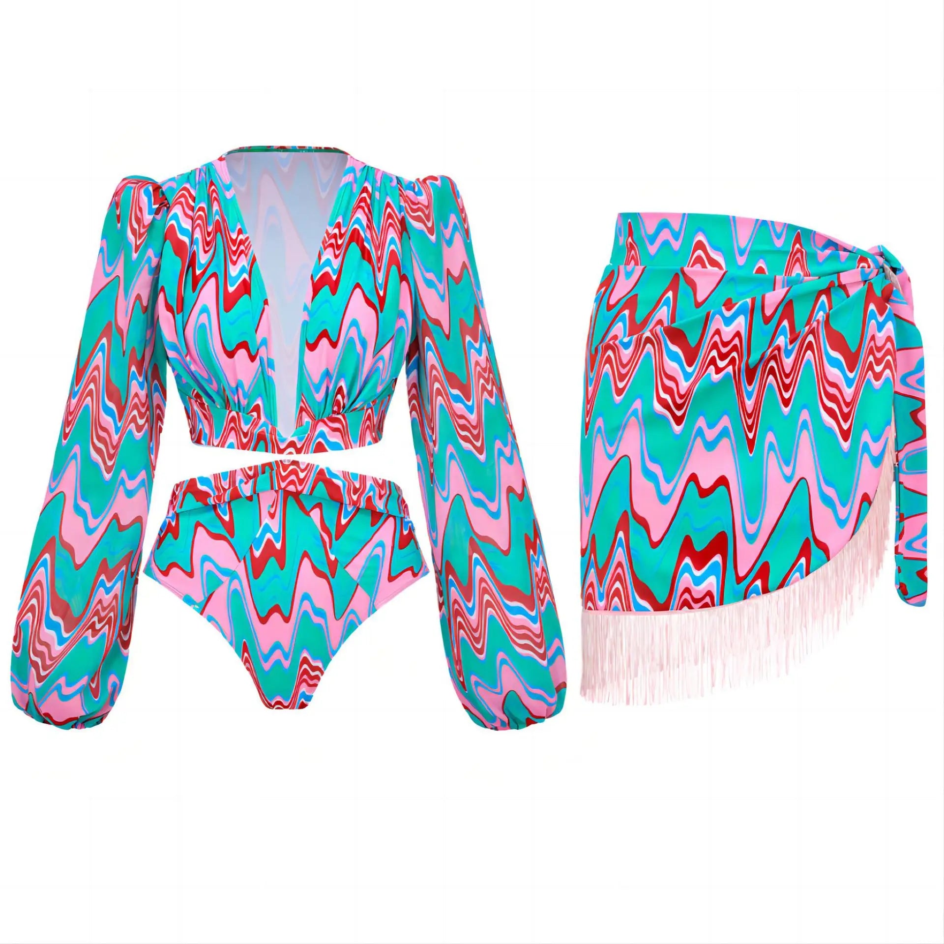 One Piece Swimsuit Bow Tie Shoulder Strap Swimwear Women Tassel Skirt Beachwear Luxury Bathing Suit New Beach Wear Vacation Y229-1 set
