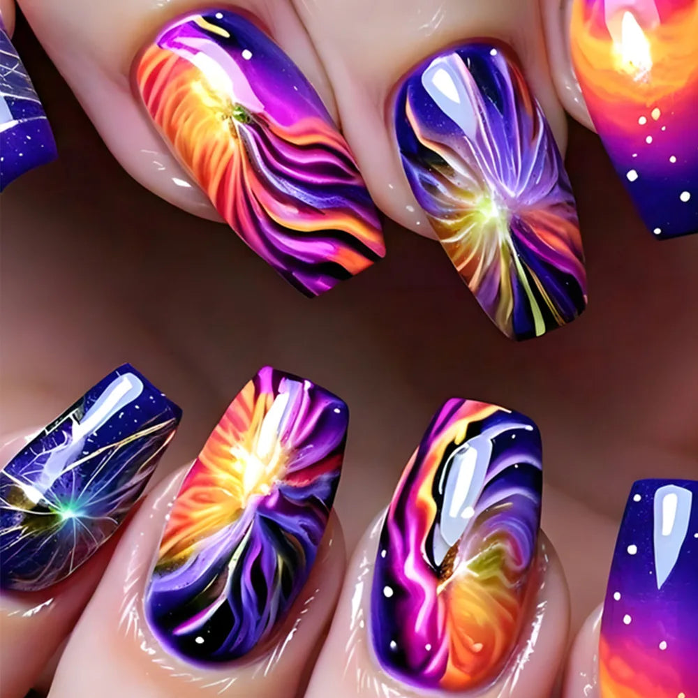 24Pcs Short Square Glossy Press on False Nails with Dreamy Gradient Colorful Firework Fake Nails Removable Full Cover Nail Tips
