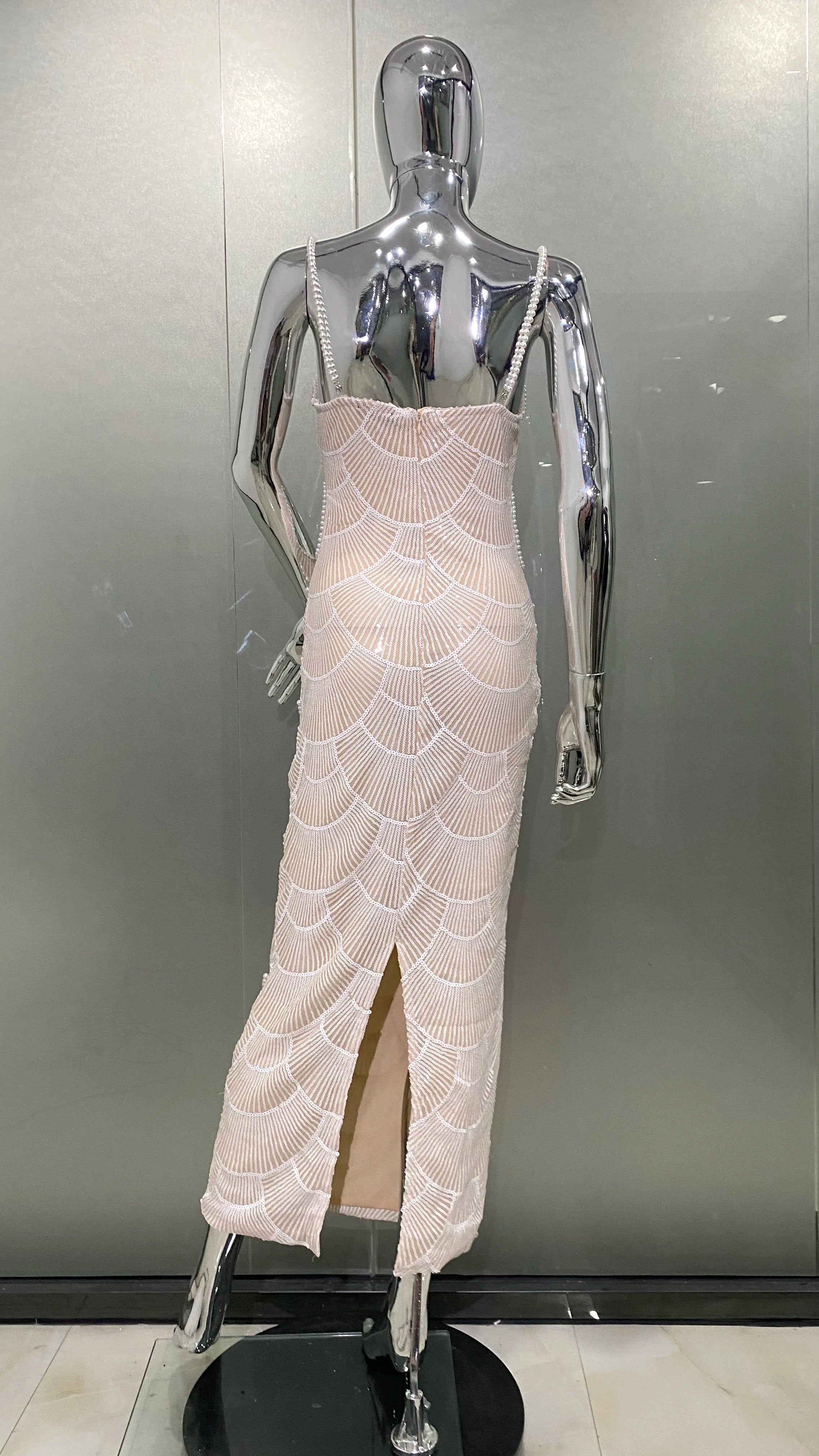 Women Sexy Pearl Beading Sequins Bodycon Mid-calf Dress Fashion Celebrate Evening Party Birthday Dress Wholesale