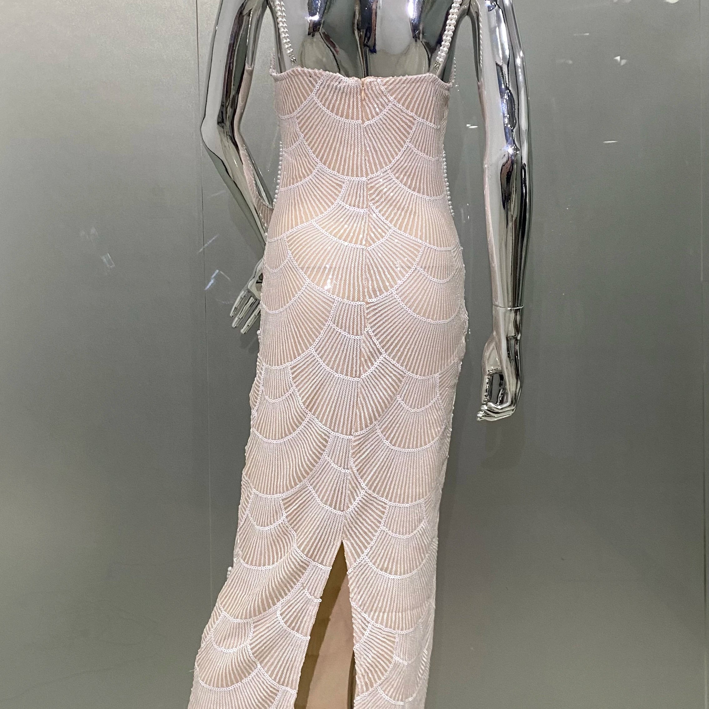 Women Sexy Pearl Beading Sequins Bodycon Mid-calf Dress Fashion Celebrate Evening Party Birthday Dress Wholesale