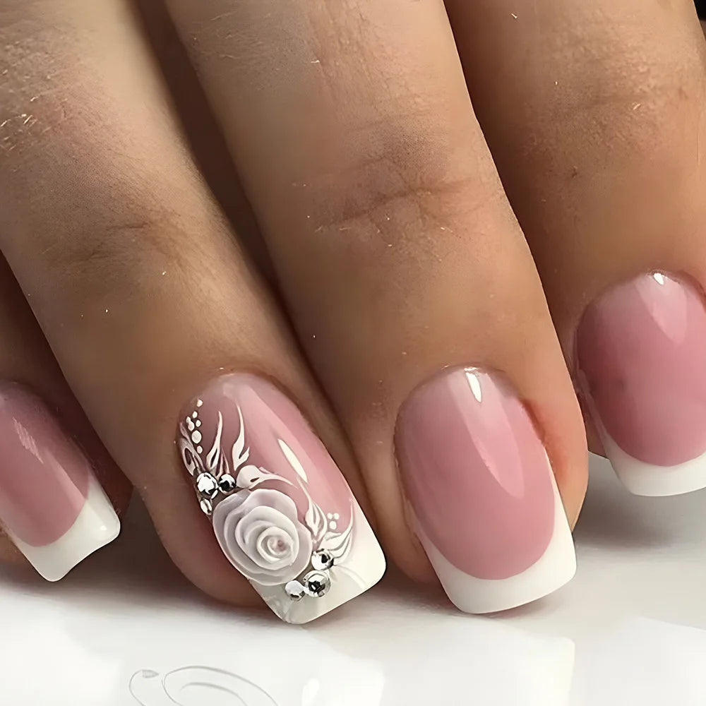24pcs/set short fake nails for women girls french nude square white tips with rhinestones glitters Y2K  press on false nail art