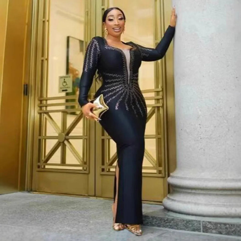 Women Long Sleeve Sexy Shinning Golden Rhinestones Bodycon Long Bandage Dress Celebrate Nightclub Party Outfit