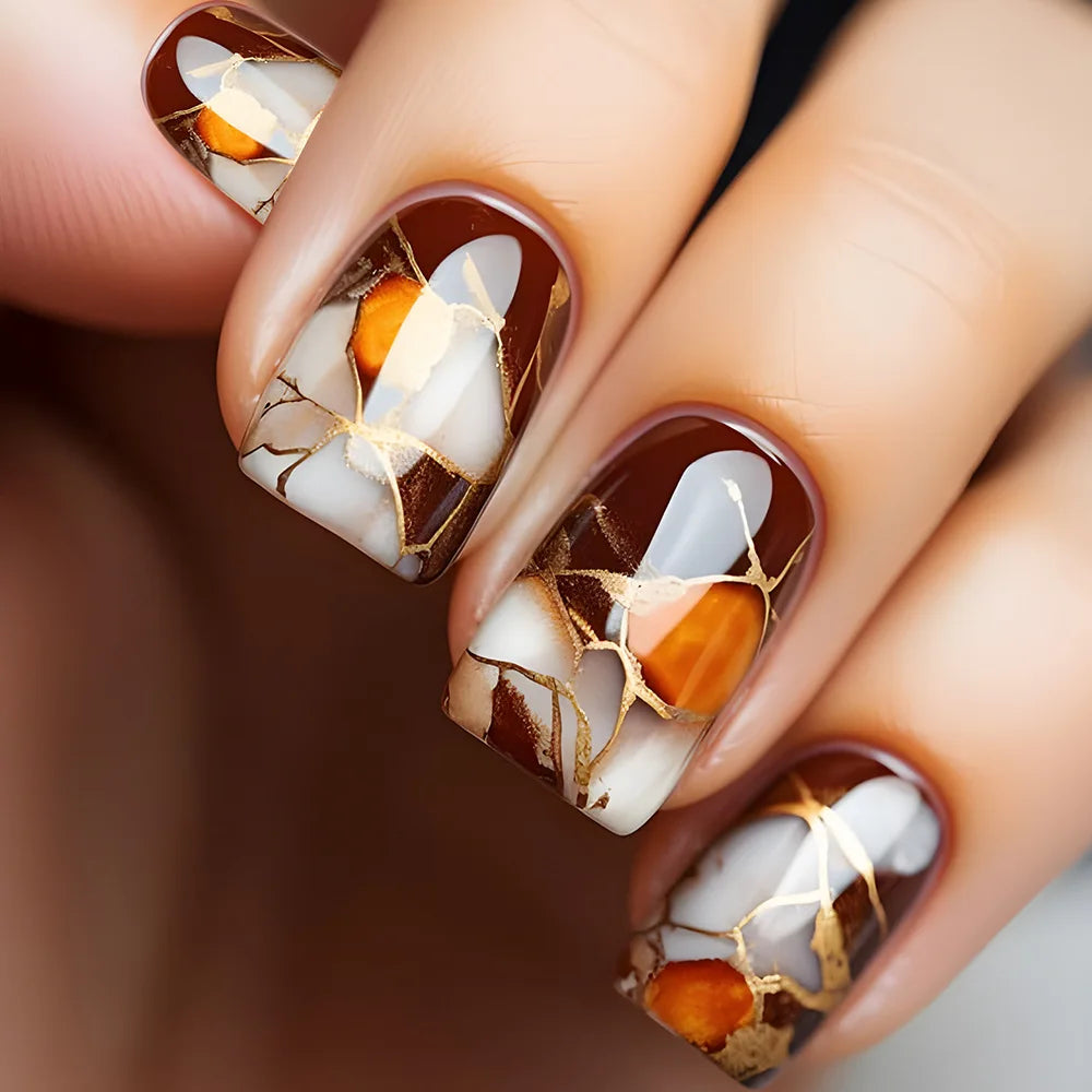 24Pcs Fashion Fake Nails Tips Marbling Design Short Square Head Press on False Nails Retro Brown Wearable Nails Set Manicure