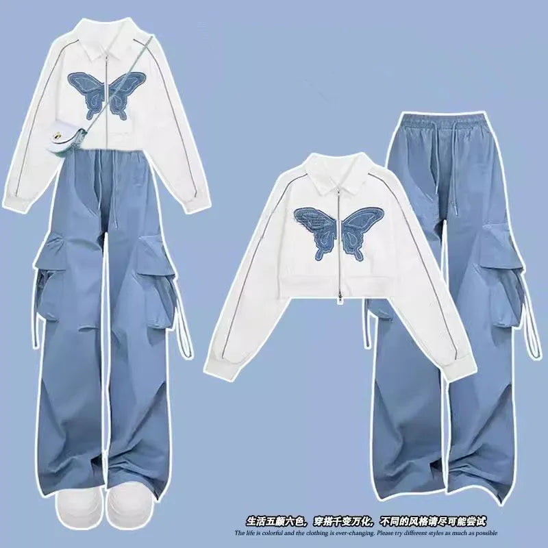 Women Spring Autumn Cool Butterfly Short Jacket Wide Leg Pants 1 or 2 Piece Set 2023 New Korean Hip Hop Coats Trousers Outfits Set