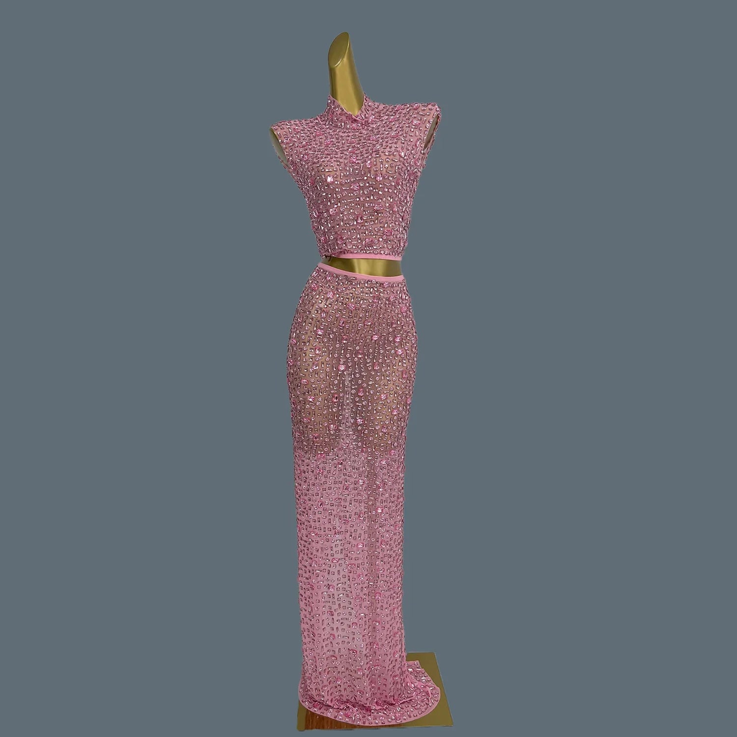 Lady Sexy Two Piece Set See Through Slit Crystal Rhinestone Mesh Dress for Club Party Wear Red Carpet Stage Show Costume Gesebei Pink