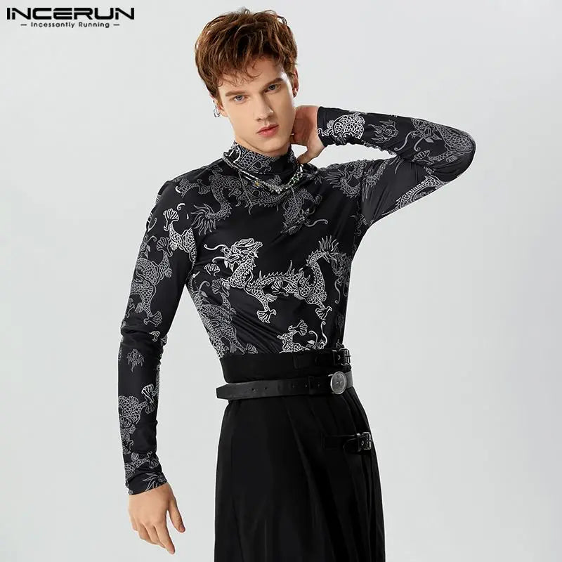 American Style Fashion Men Retro Dragon Totem Pattern T-shirts Casual Personalized Long Sleeved Camiseta S-5XL