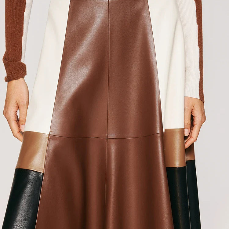 Spring Autumn Long Color Block Patchwork Soft Pu Leather Mini Skirt Women High Waist 2024 Luxury A Line Clothes Fashion