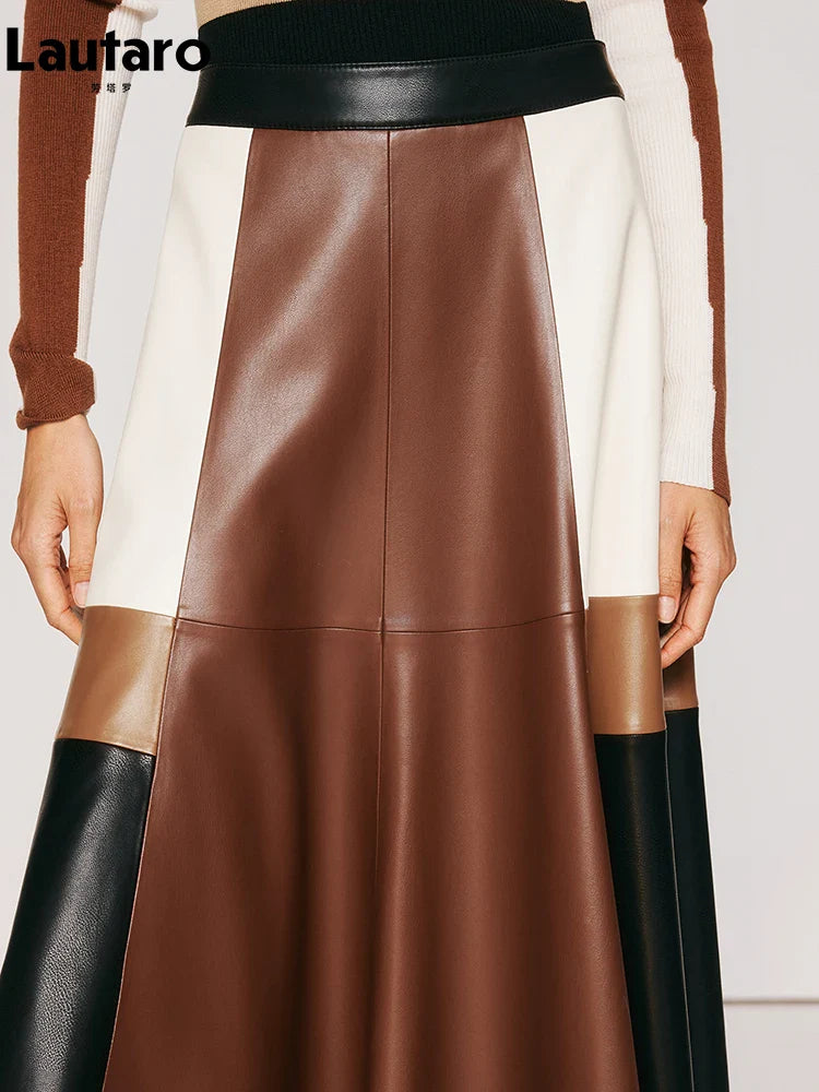 Spring Autumn Long Color Block Patchwork Soft Pu Leather Mini Skirt Women High Waist 2024 Luxury A Line Clothes Fashion