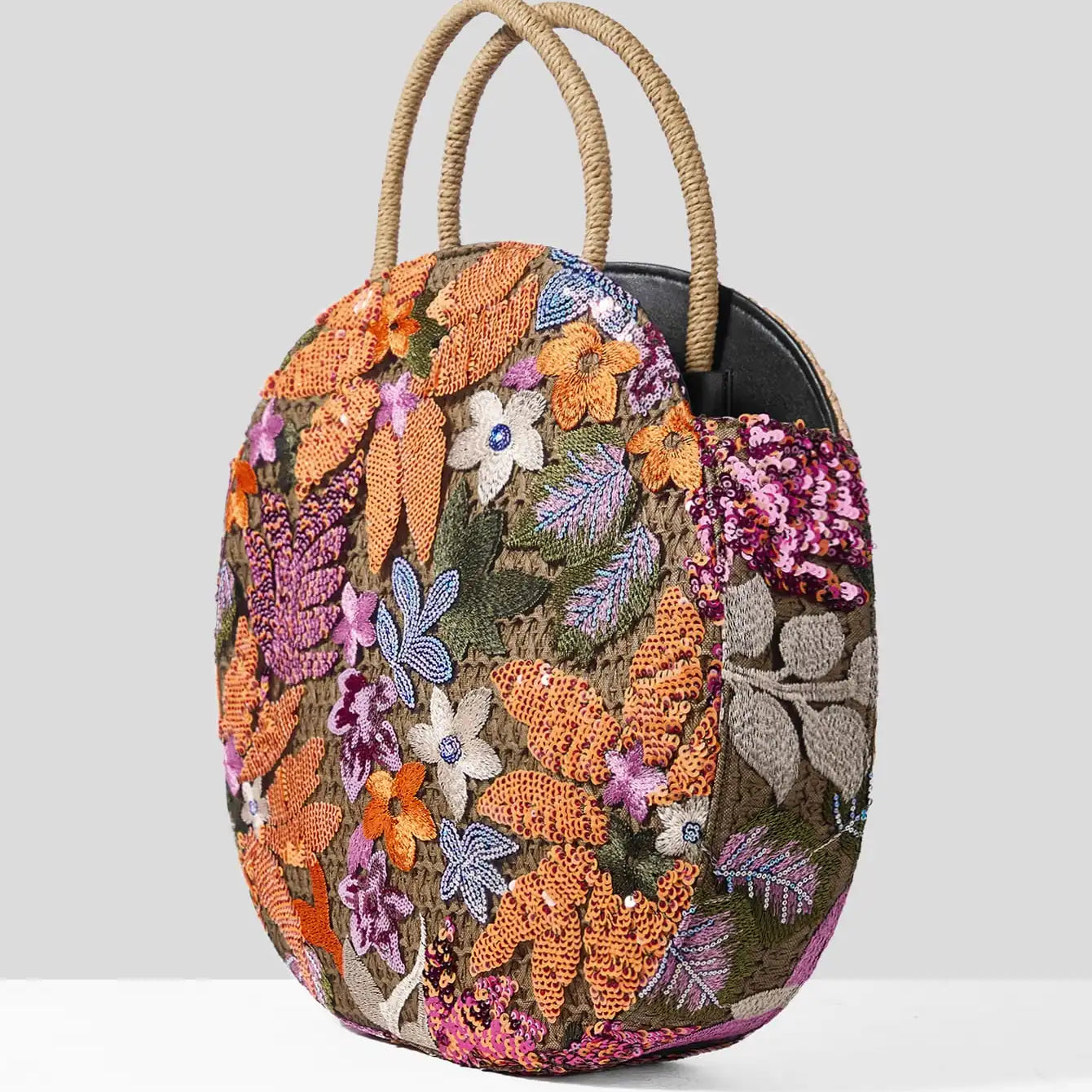 Women' Handbag Sequins Flower Round Straw Braid Large Capacity Tote Bag