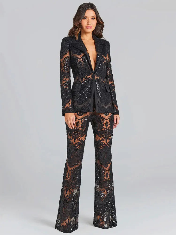 Sexy Autumn Women's Sequin Perspective Suit Pants Set with Polo Collar Long Sleeve Slim Fit Suit Coat+Flare Pants Two Piece Set